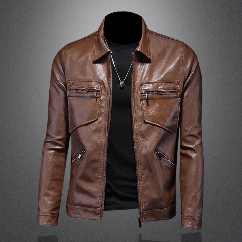 2024 Autumn and Winter New Men's Fashion Handsome Trend Business Leisure Lapel Motorcycle Leather Coat Slim Stylish Man M-4XL