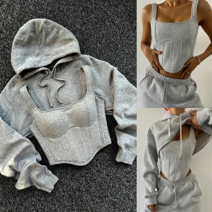 Streetwear  Hoodie Two Piece Set Women Hip Hood Sexy Sling Navel Exposed Corset Casual Fashion Jogger High Waist Sports Pants