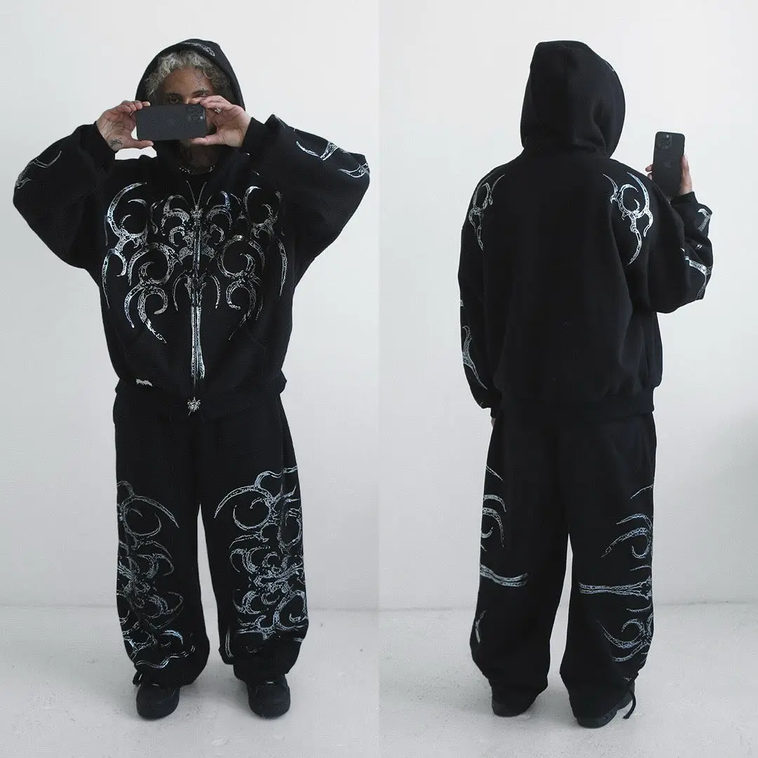 Streetwear Sportswear Two Piece Set Mens Womens Hip Hop Rock Print Oversized Hoodie Sweatshirt Harajuku Retro Casual Sweatpants